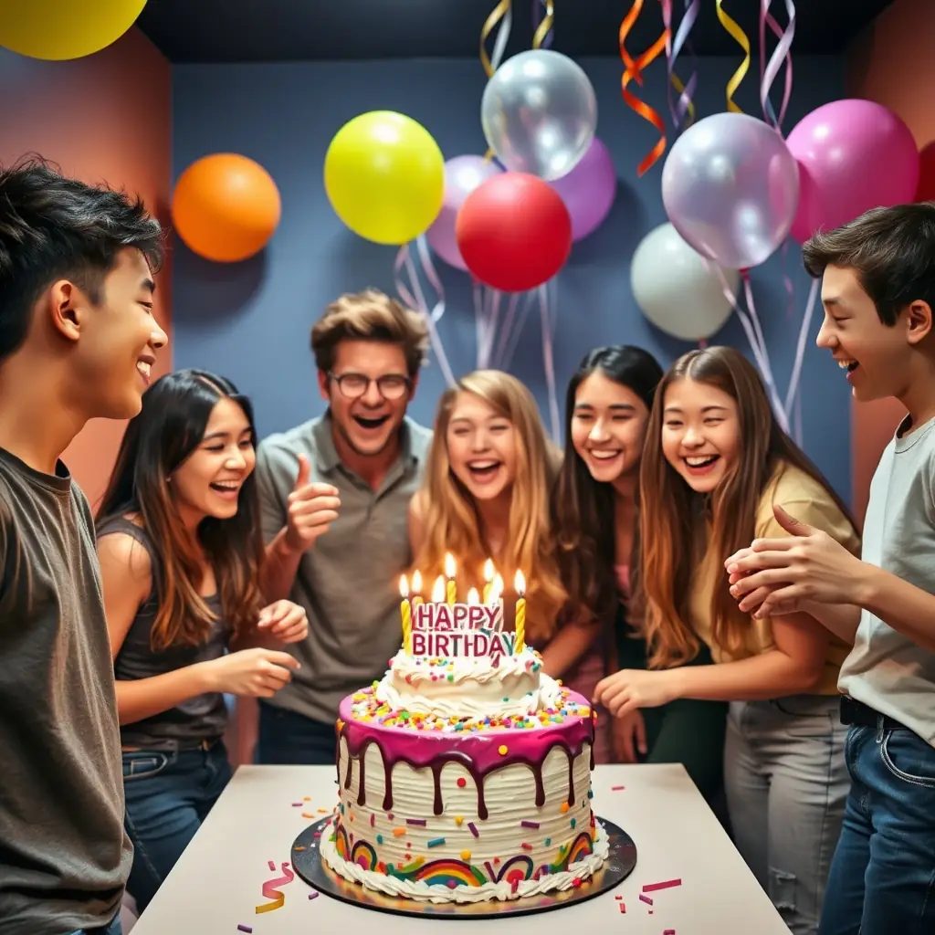Teenagers celebrating a birthday party